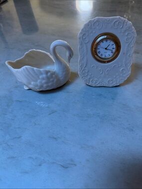Lenox White Ceramic Swan Trinket Bowl with Ornate White Clock